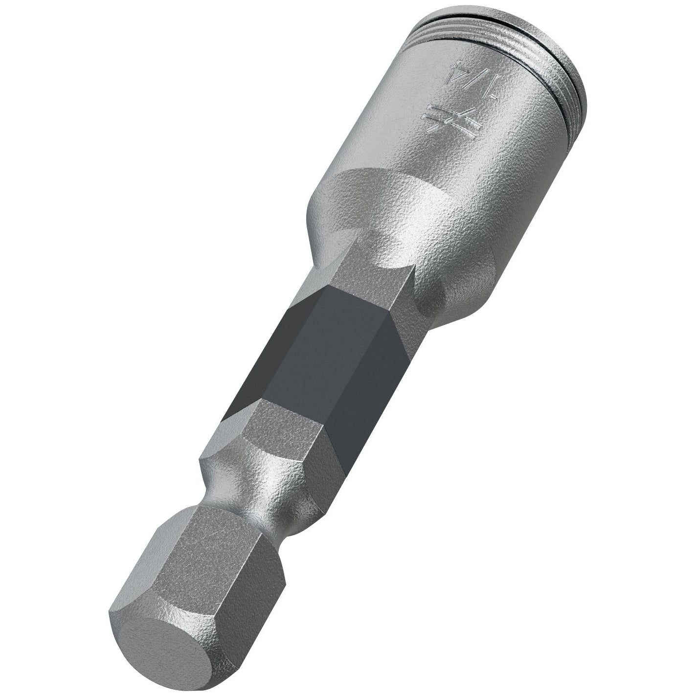 A close-up of the 1/4″ Hex Power Bit by Simpson Strong-Tie®, featuring a textured surface for connecting Simpson Strong-Tie driver bits or other hex driver bits to drills or screwdrivers.
