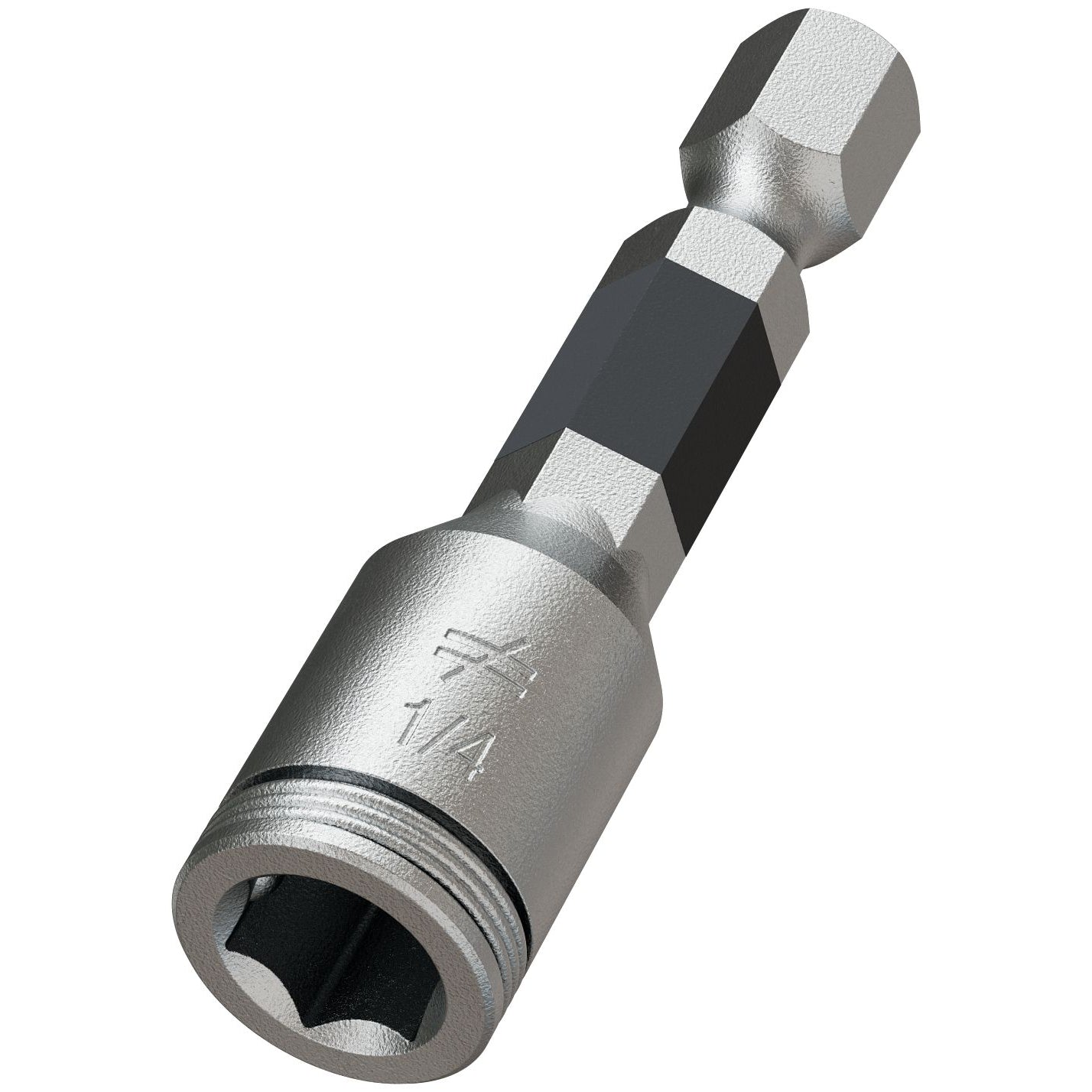 The Simpson Strong-Tie® 1/4″ Hex Power Bit features a metallic hex shank, ideal for use with drills or screwdrivers to fasten bolts or screws.