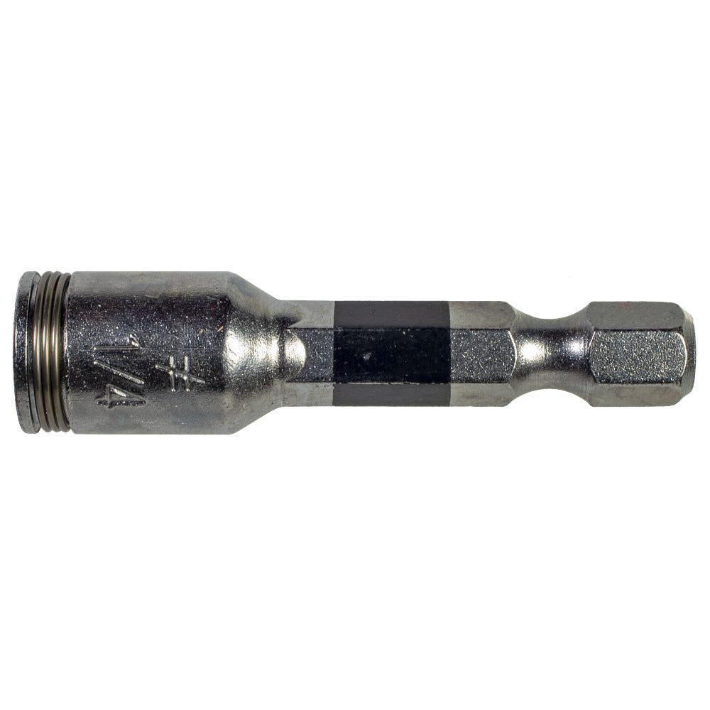 A close-up of the Simpson Strong-Tie® 1/4″ Hex Power Bit, featuring a metal hexagonal shaft and socket end—ideal for drills or screwdrivers among industrial-grade power bits.