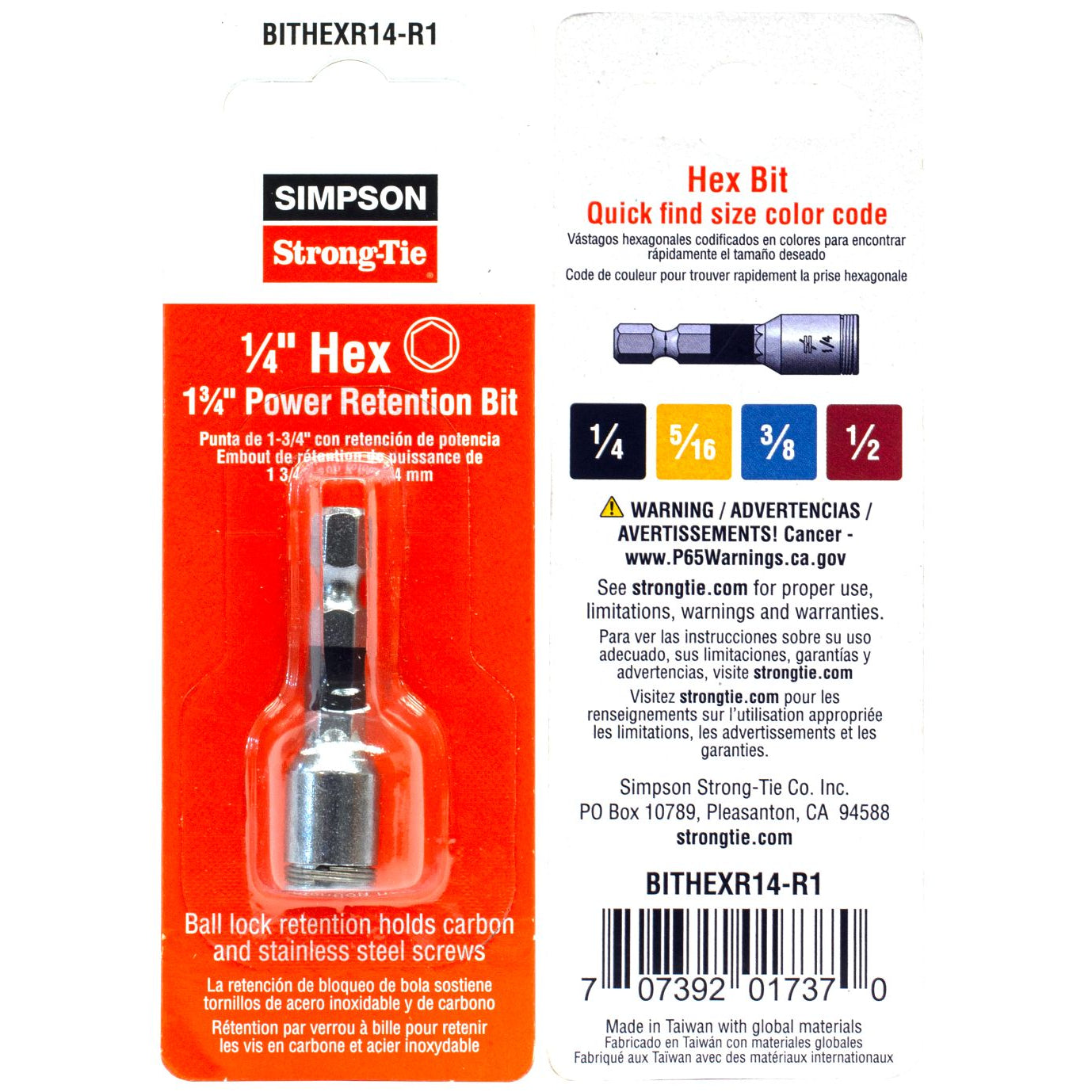 Front and back packaging of the Simpson Strong-Tie® 1/4″ Hex Power Bit, showing product image, descriptions, color codes, barcode, safety warning, and company contact information.