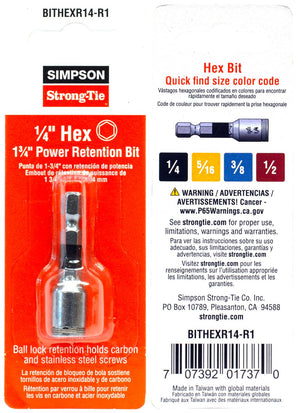Front and back packaging of the Simpson Strong-Tie® 1/4″ Hex Power Bit, showing product image, descriptions, color codes, barcode, safety warning, and company contact information.