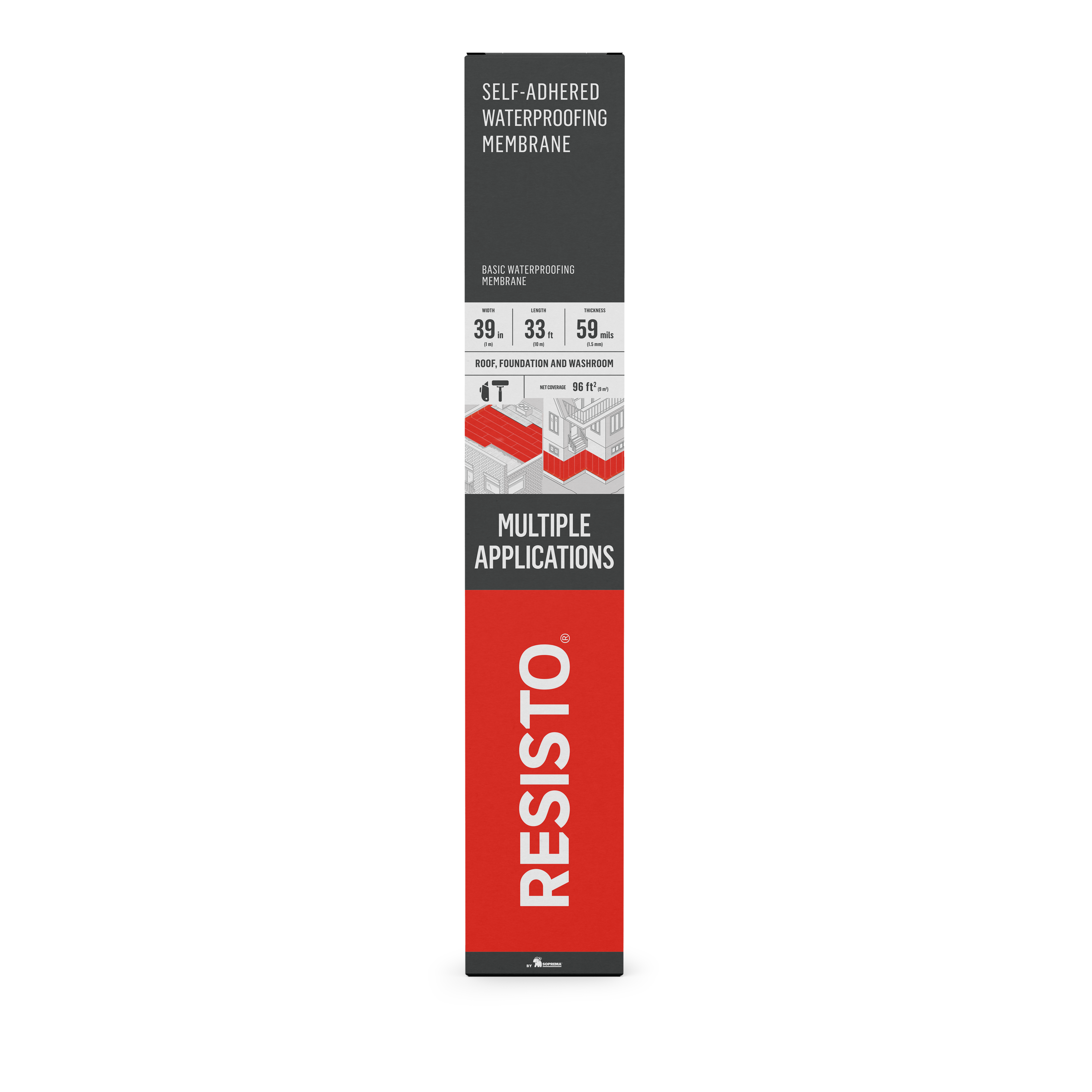 A rectangular box of Resisto Solutions Self-Adhered Waterproofing Membrane, red and gray, for roof, foundation, and basement use. Specs: 39 in x 33.5 ft roll, covering 59 sq ft.