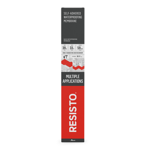 A rectangular box of Resisto Solutions Self-Adhered Waterproofing Membrane, red and gray, for roof, foundation, and basement use. Specs: 39 in x 33.5 ft roll, covering 59 sq ft.