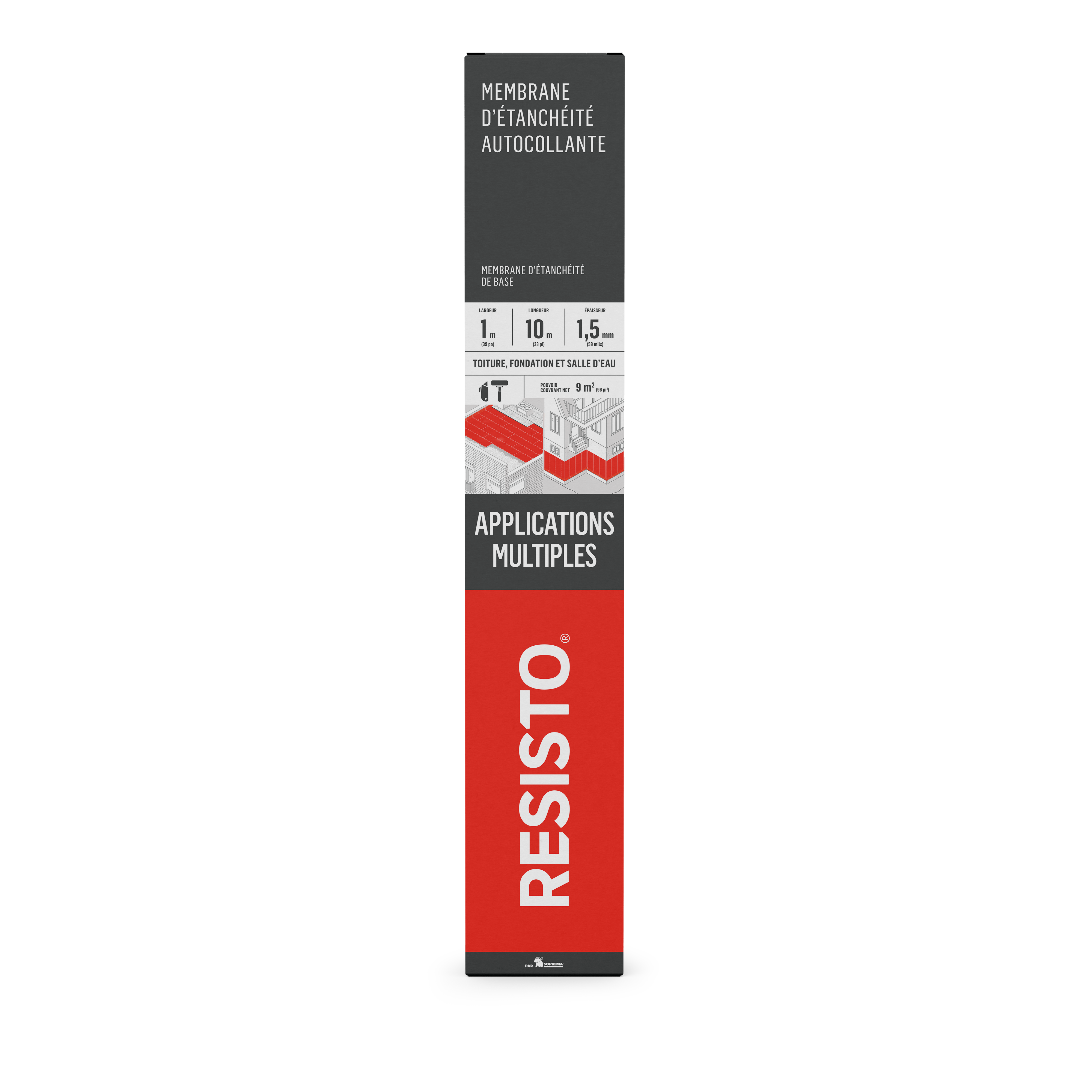 A rectangular box of Resisto Solutions Self-Adhered Waterproofing Membrane, labeled in French with size specs and various roofing base sheet uses, featuring red, black, and white design elements.