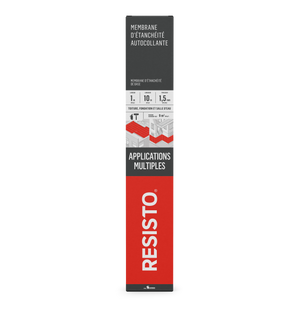 A rectangular box of Resisto Solutions Self-Adhered Waterproofing Membrane, labeled in French with size specs and various roofing base sheet uses, featuring red, black, and white design elements.