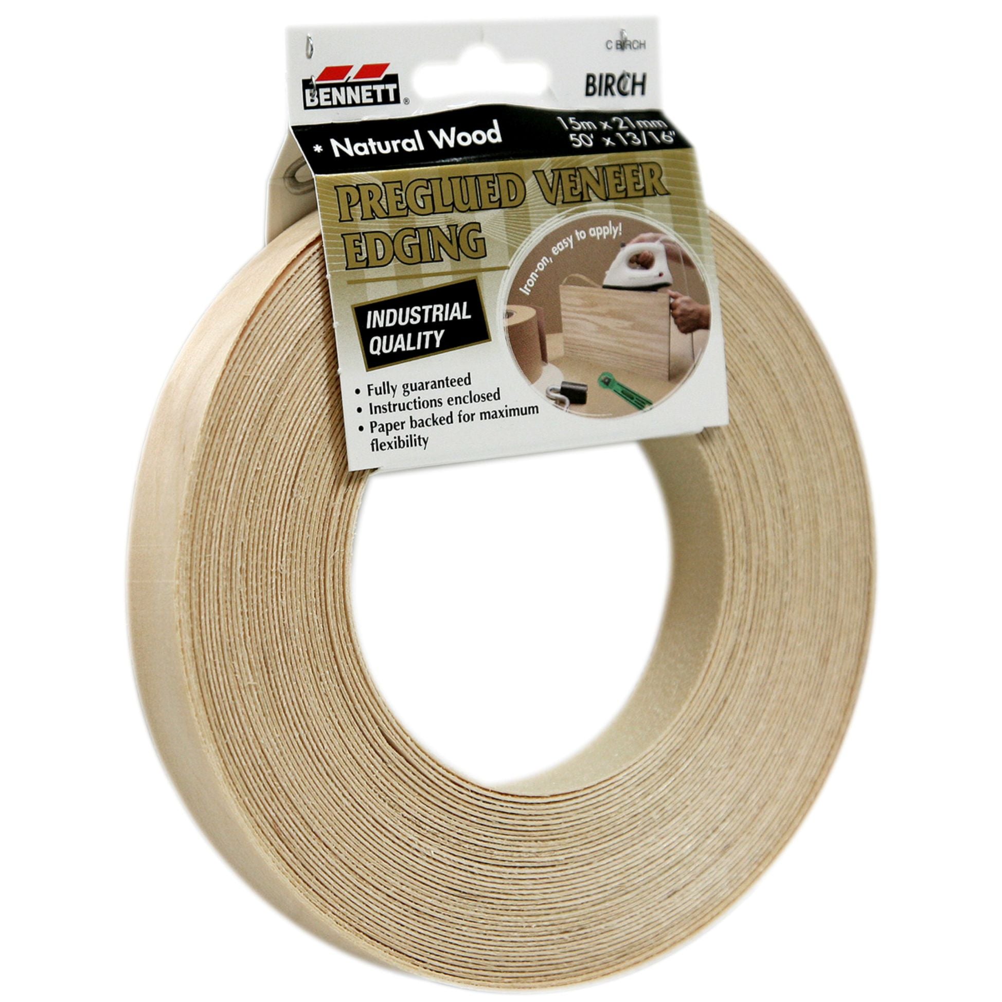 A roll of light-colored 7/8″ x 50′ Birch Veneer Edgebanding in packaging labeled Preglued Veneer Edging.