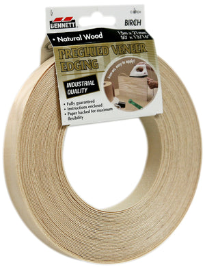 A roll of light-colored 7/8″ x 50′ Birch Veneer Edgebanding in packaging labeled Preglued Veneer Edging.