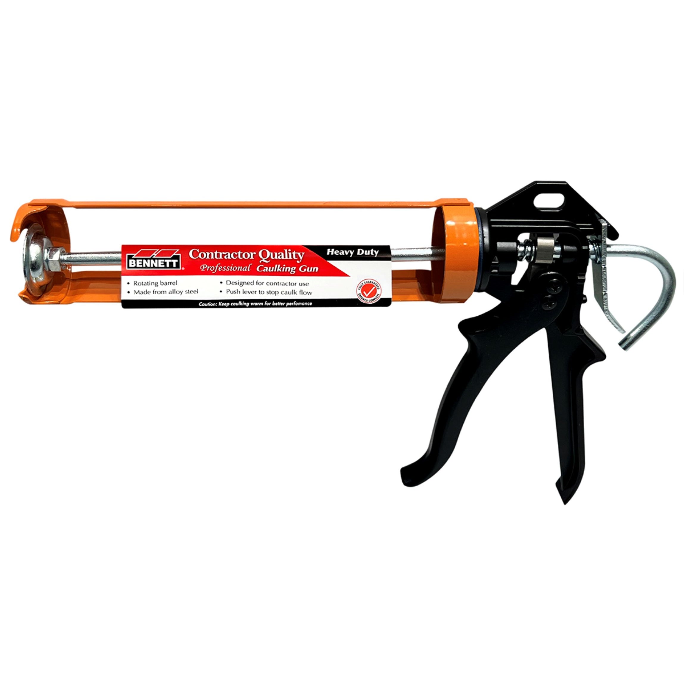 Bennett Tools Canada Pro Contractor 300ml Caulking Gun in orange and black metal with a rotating barrel and a label listing product features.