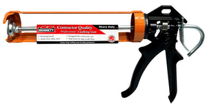 Bennett Tools Canada Pro Contractor 300ml Caulking Gun in orange and black metal with a rotating barrel and a label listing product features.