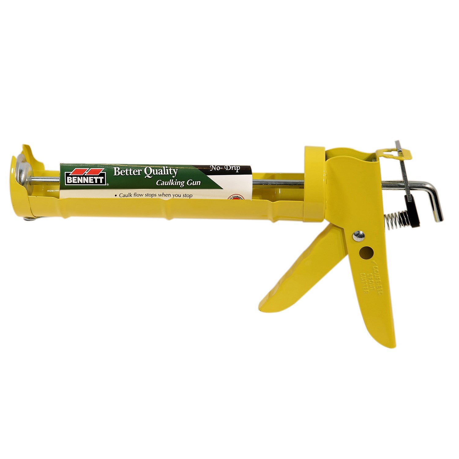 Yellow metal Bennett Tools Canada No Drip Caulking Gun with a trigger handle and a label stating Better Quality.