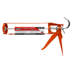 Bennett Tools Canada Pro Contractor Skeleton Caulking Gun in orange, featuring a metal hex rod, trigger handle, and push-lever flow control.