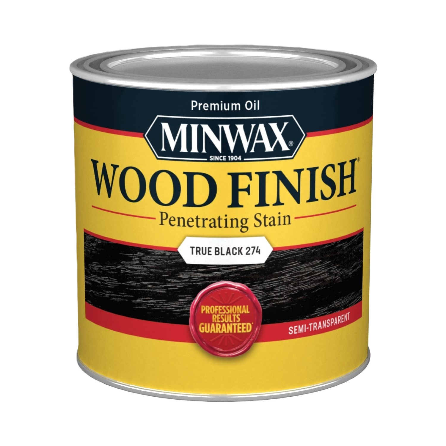 A 946 ml can of Minwax Wood Finish, True Black from Sherwin Williams Canada (Minwax), features a yellow label with a red badge stating “Professional Results Guaranteed” and provides a semi-transparent stain—perfect for modern wood finish projects and enhancing the appearance of wood grain.
