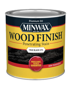 A 946 ml can of Minwax Wood Finish, True Black from Sherwin Williams Canada (Minwax), features a yellow label with a red badge stating “Professional Results Guaranteed” and provides a semi-transparent stain—perfect for modern wood finish projects and enhancing the appearance of wood grain.