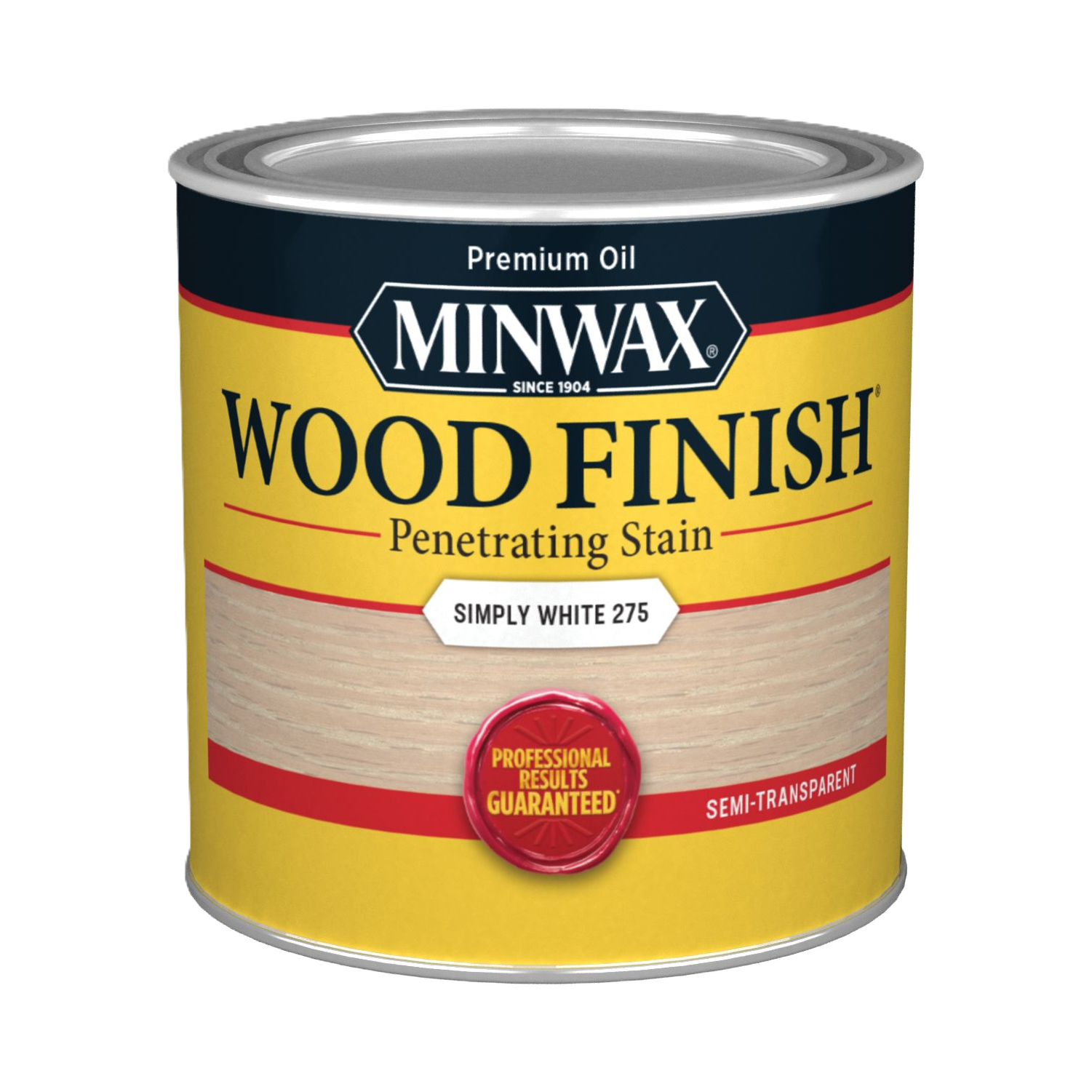 A 236ml can of Minwax Wood Finish in Simply White by Sherwin Williams Canada (Minwax) features yellow and gray packaging labeled “Professional results guaranteed.” This semi-transparent, versatile whitewashed stain is ideal for neutralizing wood undertones and brightening wood surfaces to create a fresh, modern appearance.