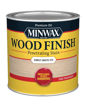 A 236ml can of Minwax Wood Finish in Simply White by Sherwin Williams Canada (Minwax) features yellow and gray packaging labeled “Professional results guaranteed.” This semi-transparent, versatile whitewashed stain is ideal for neutralizing wood undertones and brightening wood surfaces to create a fresh, modern appearance.