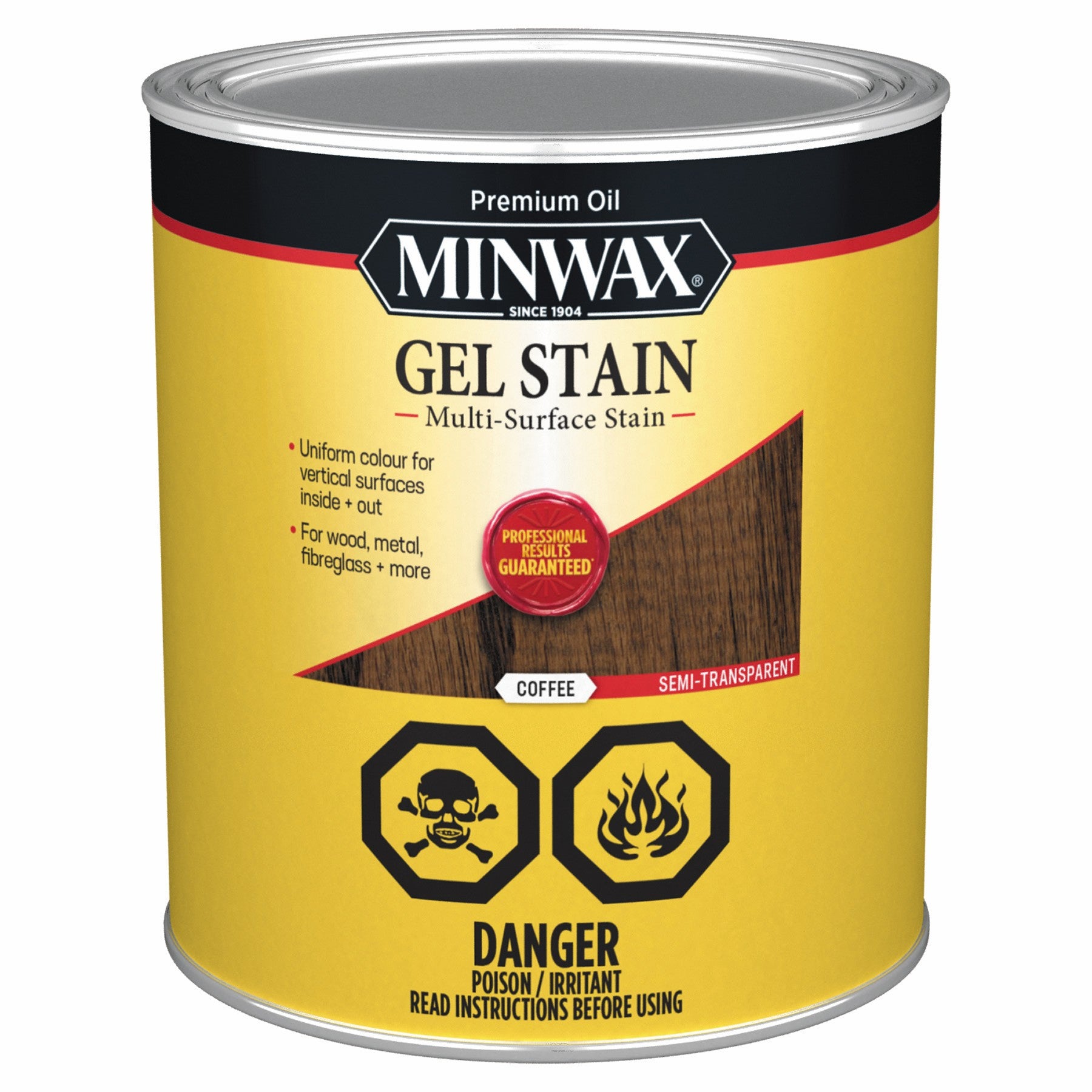A quart-sized can of Minwax Gel Stain, Coffee 946ml with a yellow label, featuring safety icons for poison and flammability and a Professional Results Guaranteed seal.