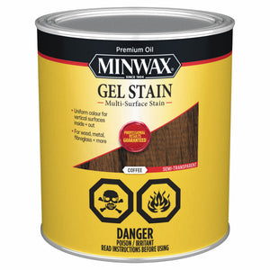 A quart-sized can of Minwax Gel Stain, Coffee 946ml with a yellow label, featuring safety icons for poison and flammability and a Professional Results Guaranteed seal.