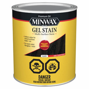 A quart-sized Minwax Gel Stain, Black 946ml can with a yellow and black label for black non-drip stain, featuring safety warning symbols and text.