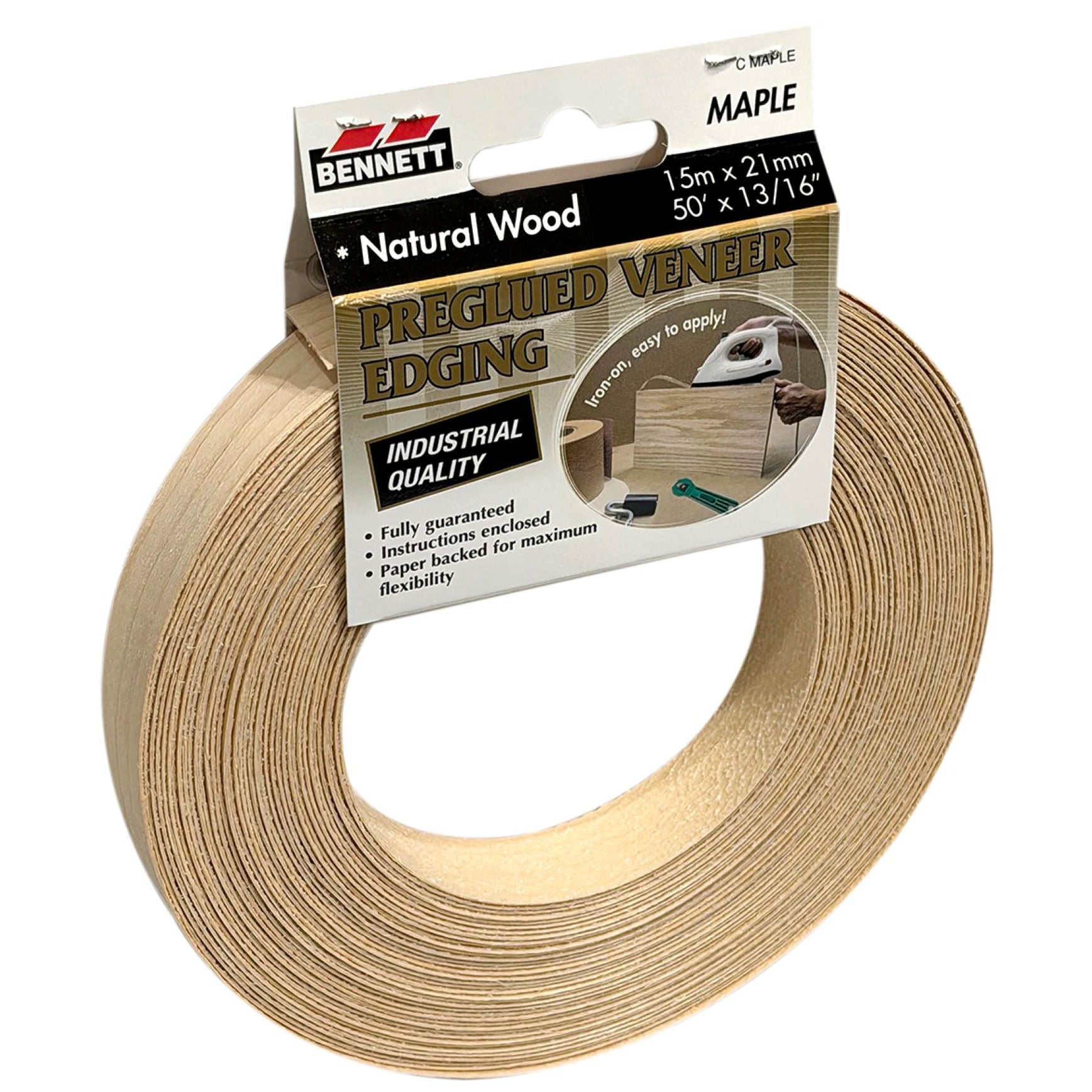 A roll of 7/8″ x 50′ Maple Veneer Edgebanding with a header card showing instructions for iron-on application.
