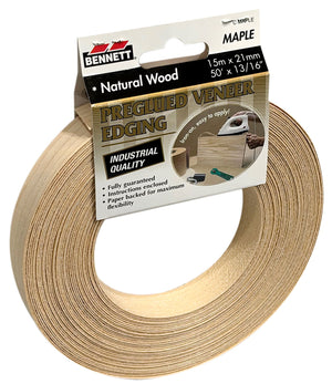 A roll of 7/8″ x 50′ Maple Veneer Edgebanding with a header card showing instructions for iron-on application.