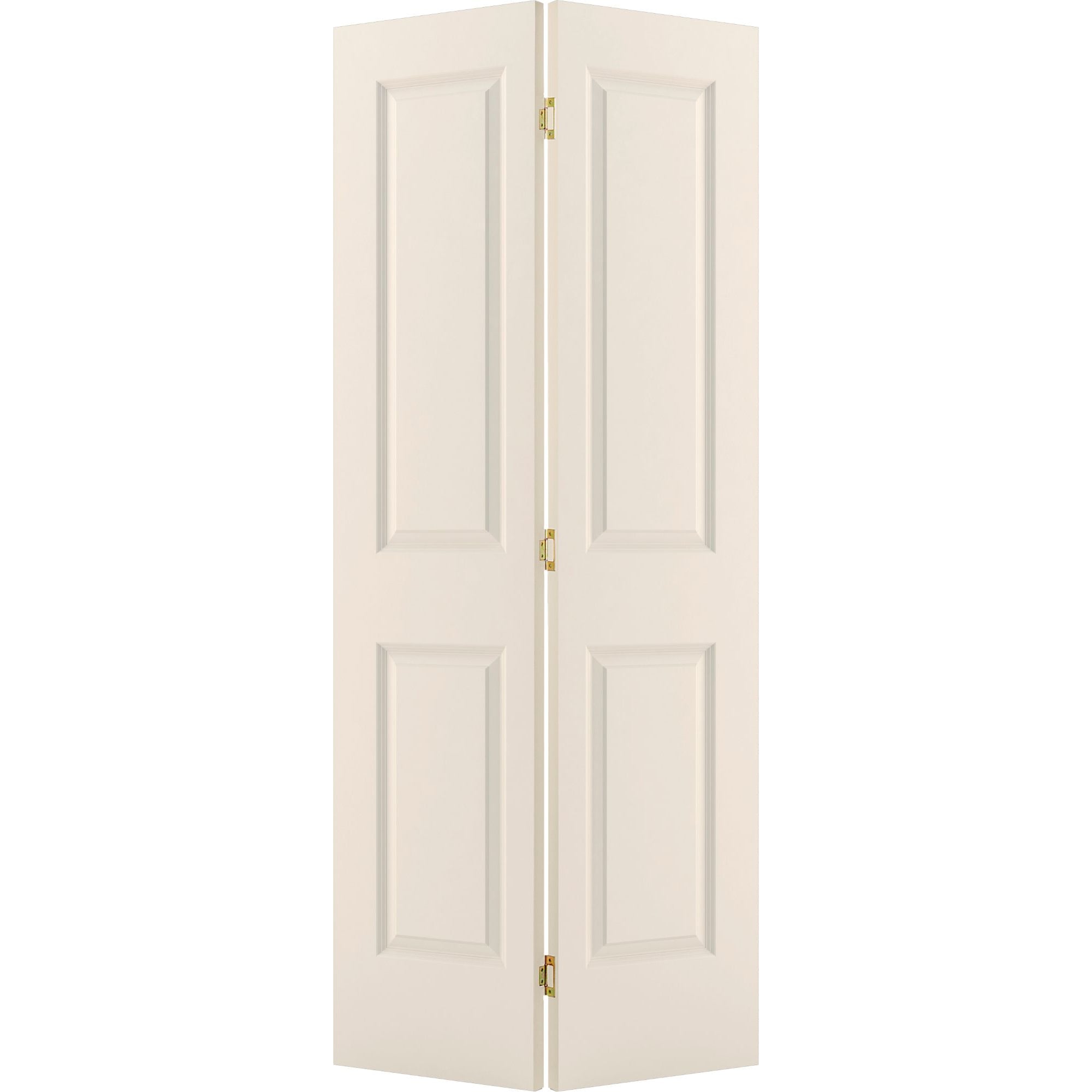 A Jeld-Wen 24"X80"X1-3/8" Carrara 2-Panel Square Smooth Bifold door is slightly open, revealing the hinges connecting its white panels.