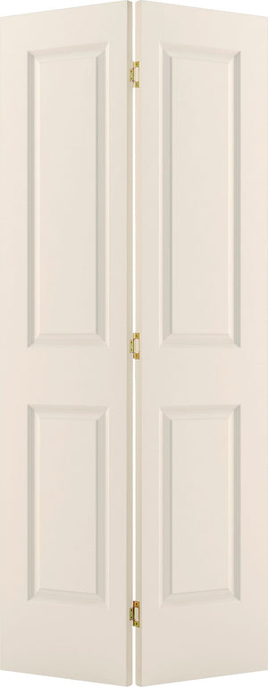 A Jeld-Wen 24"X80"X1-3/8" Carrara 2-Panel Square Smooth Bifold door is slightly open, revealing the hinges connecting its white panels.