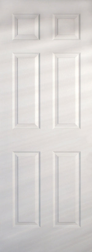The Jeld-Wen 24"X96"X1-3/8" Colonist 6-Panel Textured Slab features six rectangular panels, a durable solid core for privacy and strength, and a painted surface that highlights its classic raised design.
