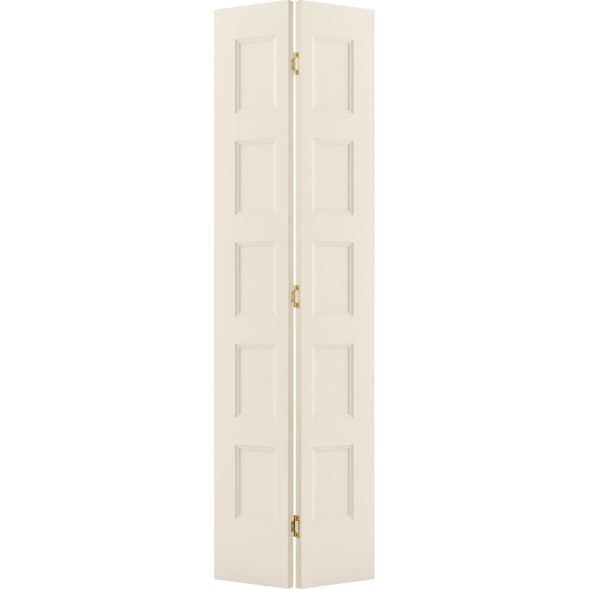 The Jeld-Wen 24"x80"x1-3/8" Conmore 5-Panel Recessed Bifold interior door features a wood composite build in a cream color, with brass hinges connecting its panels.