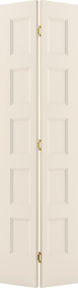 The Jeld-Wen 24"x80"x1-3/8" Conmore 5-Panel Recessed Bifold interior door features a wood composite build in a cream color, with brass hinges connecting its panels.
