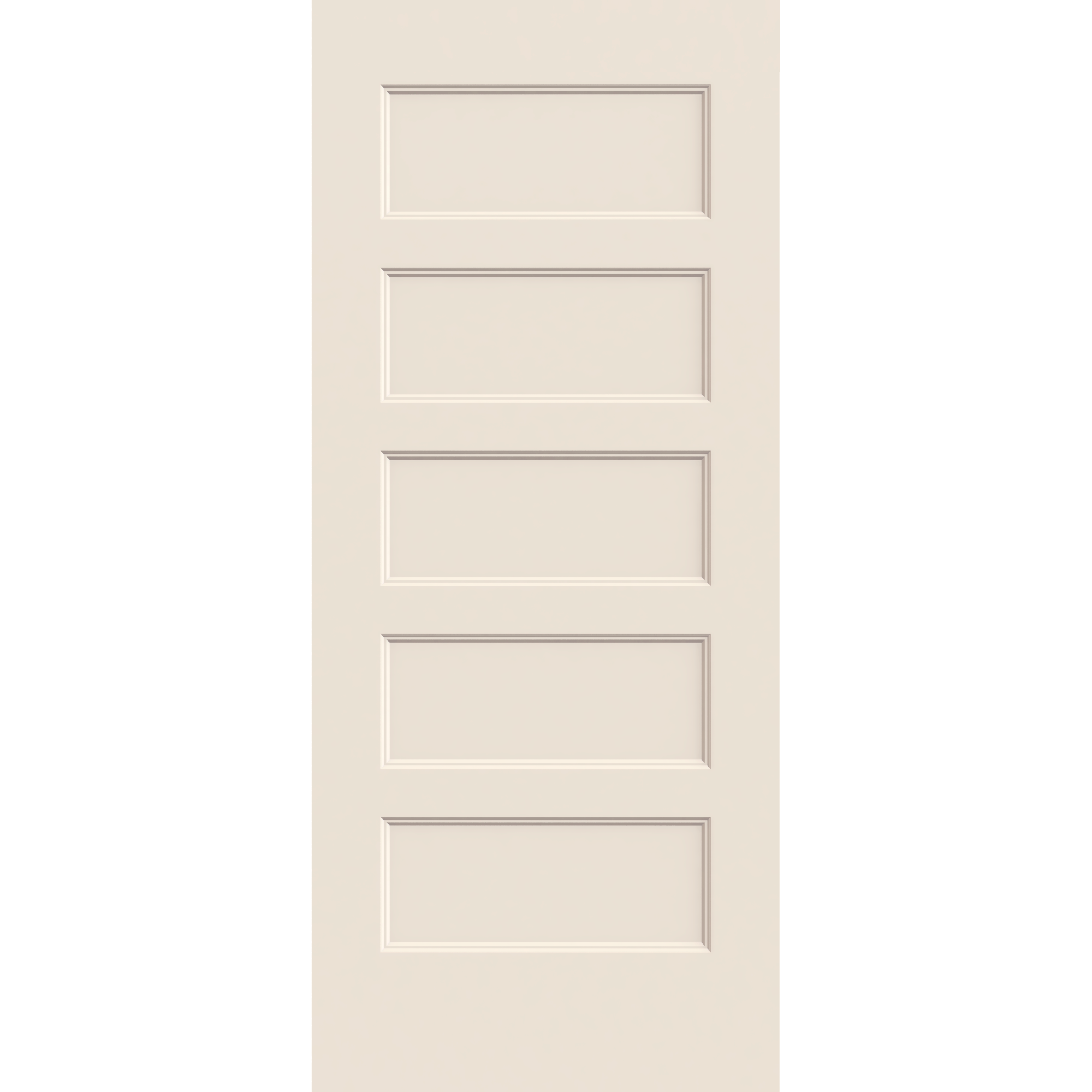 The Jeld-Wen 12"X80"X1-3/8" Conmore 5-Panel Recessed Slab is a beige Shaker-style interior door with five vertically arranged panels and a clean, classic design, featuring no visible hardware.