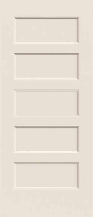 The Jeld-Wen 12"X80"X1-3/8" Conmore 5-Panel Recessed Slab is a beige Shaker-style interior door with five vertically arranged panels and a clean, classic design, featuring no visible hardware.