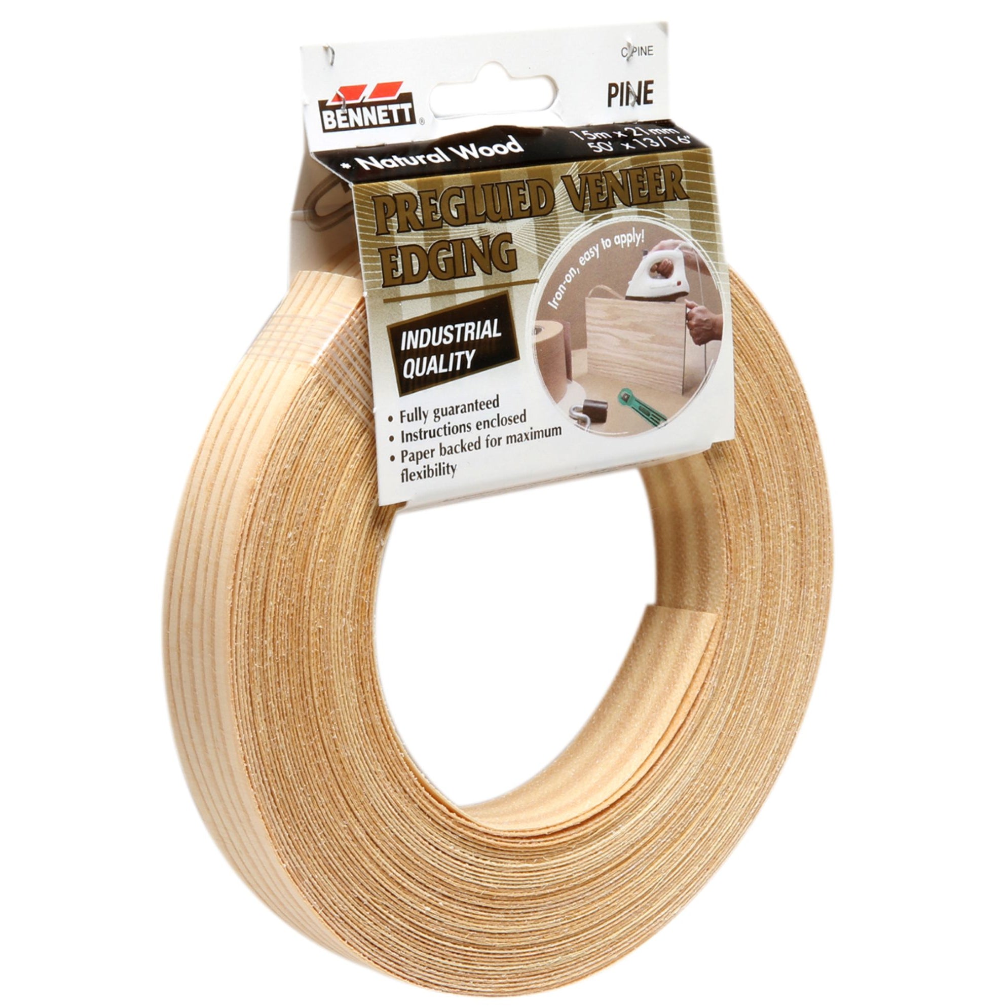 A roll of 7/8″ x 50′ Knotty Pine Edgebanding by Bennett Tools Canada, shown with product packaging including application instructions.