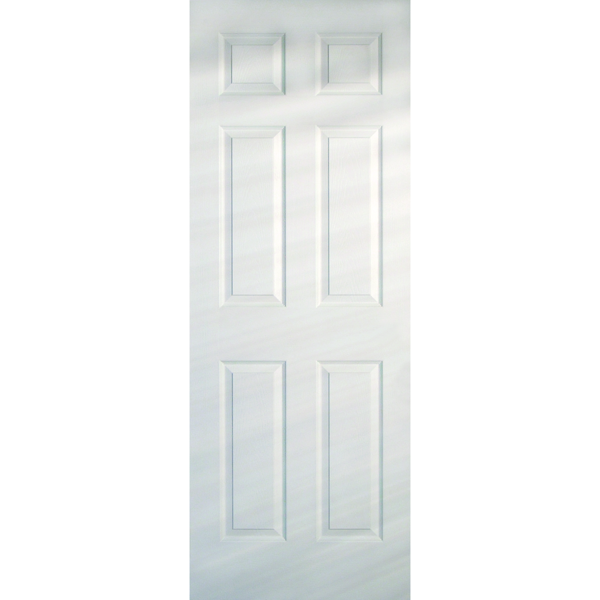 The Jeld-Wen 26"X96"X1-3/8" Colonist 6-Panel Textured Slab is a white interior door with six evenly spaced raised rectangular panels and a woodgrain textured finish, featuring light shadows that emphasize its detailed design.