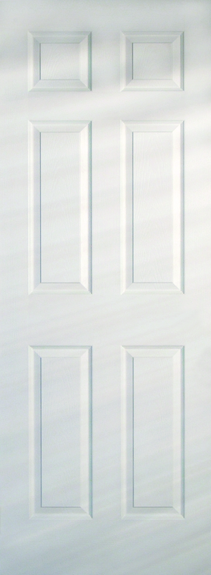 The Jeld-Wen 26"X96"X1-3/8" Colonist 6-Panel Textured Slab is a white interior door with six evenly spaced raised rectangular panels and a woodgrain textured finish, featuring light shadows that emphasize its detailed design.