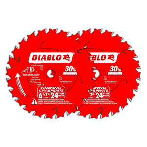 Two Freud Canada Inc. 6-1/2″ x 24 tooth carbide-tipped framing circular/trim saw blades for wood cutting (2 pack), each blade featuring detailed product information and icons printed in white on the red surface, with the blades slightly overlapping.