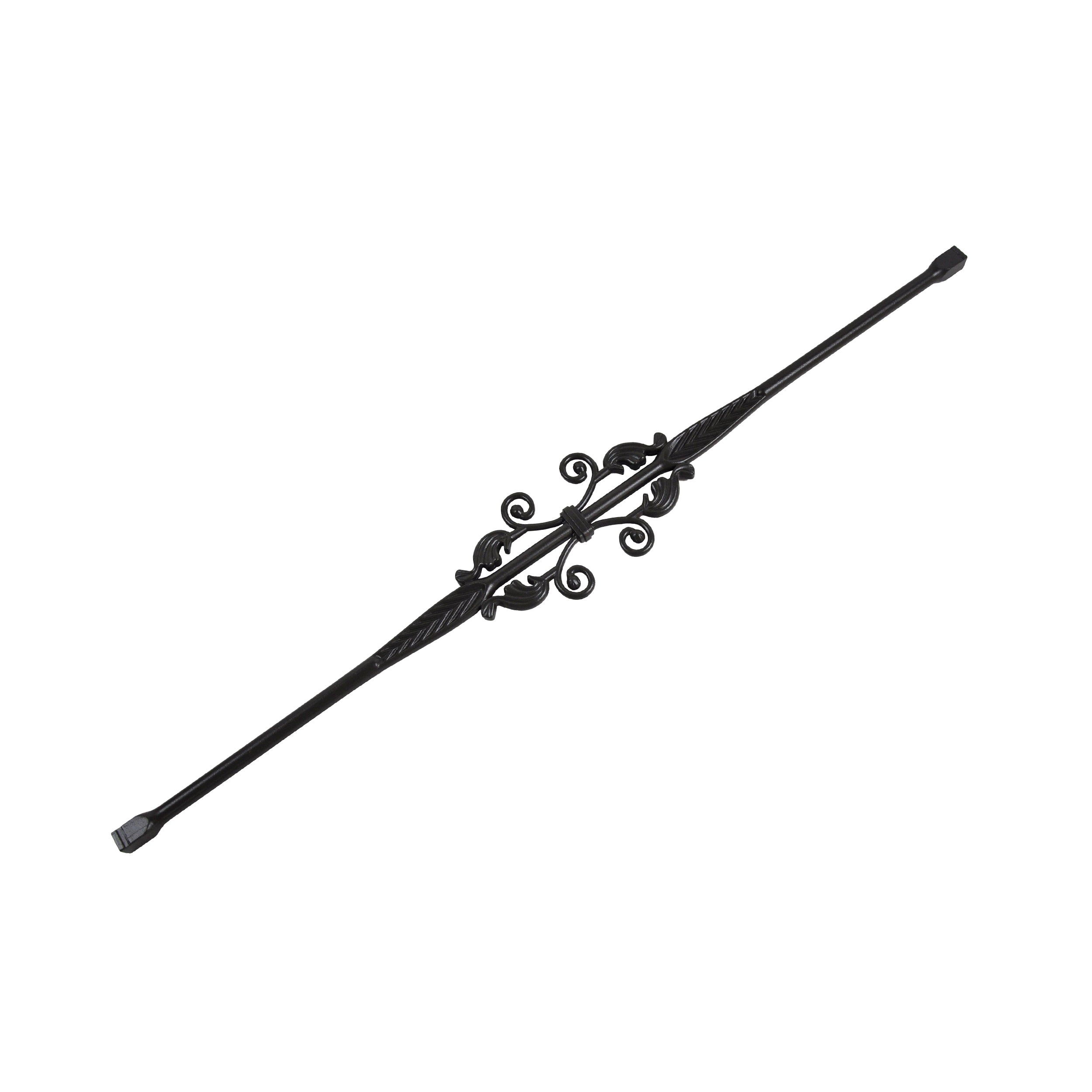 The Regal Rail Wide Decorative Pickets in Textured Black feature ornate scrollwork and tapered ends, ideal for use in Aluminum Railing Systems or with matching pickets to create elegant railings or staircases.