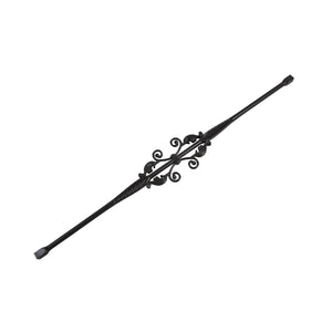 The Regal Rail Wide Decorative Pickets in Textured Black feature ornate scrollwork and tapered ends, ideal for use in Aluminum Railing Systems or with matching pickets to create elegant railings or staircases.