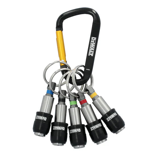 The DEWALT Quick Access Keychain Bit Holder 5 Sleeve is a black keychain organizer that keeps five magnetic nut drivers with color-coded bands and branded bases easily accessible on individual rings—a handy, color-coded solution for organizing your essential tools.