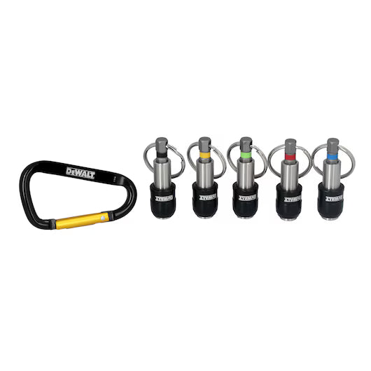 A DEWALT Quick Access Keychain Bit Holder 5 Sleeve set is displayed, featuring a black and yellow DEWALT carabiner next to five keychains with metal quick-release connectors. Each bit holder is topped with a colored ring—green, blue, gray, yellow, and red—making it easy to organize and quickly access your bits.