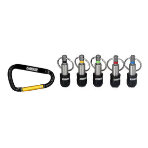 A DEWALT Quick Access Keychain Bit Holder 5 Sleeve set is displayed, featuring a black and yellow DEWALT carabiner next to five keychains with metal quick-release connectors. Each bit holder is topped with a colored ring—green, blue, gray, yellow, and red—making it easy to organize and quickly access your bits.