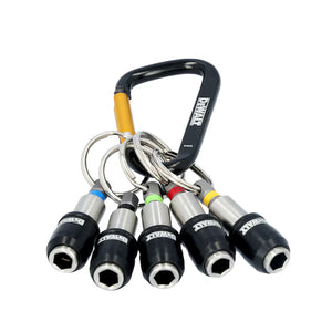 Five hex key socket adapters with colored bands are attached to a black DEWALT-branded carabiner, creating a convenient color-coded bit organizer. This practical Dewalt Quick Access Keychain Bit Holder 5 Sleeve keeps your essential bits easily accessible and neatly organized on the go.