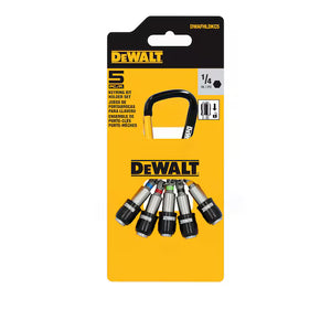 The DEWALT Quick Access Keychain Bit Holder 5 Sleeve comes in yellow packaging and includes five black and silver interchangeable screwdriver bits attached to a yellow DEWALT keyring bit holder, with product details provided in both English and Spanish.