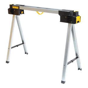Introducing the DEWALT Metal Folding Sawhorse in silver and black, designed with foldable legs, yellow accents, and a convenient carrying handle. This sturdy and portable sawhorse from DEWALT offers the perfect blend of durability and ease-of-use for any job site.