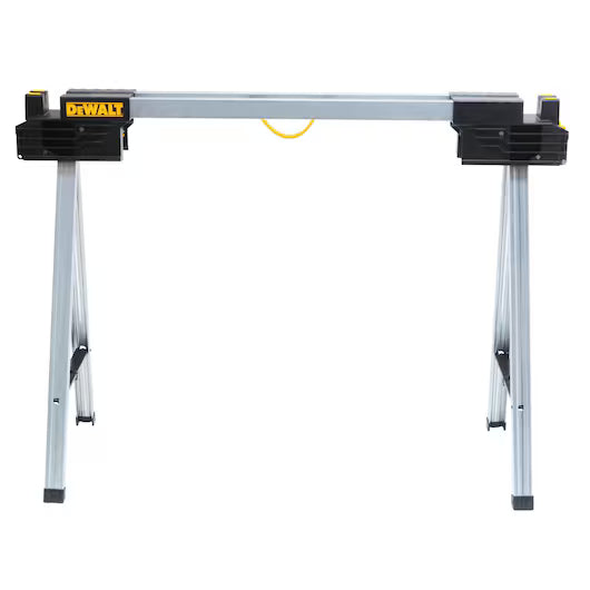 The DEWALT Metal Folding Sawhorse is constructed from durable metal and features sturdy angled legs for enhanced stability. It comes with black plastic end caps, a central yellow handle, and is shown against a white background. This portable sawhorse offers a convenient folding design for easy transport and storage.