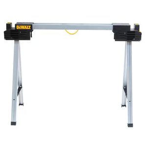 The DEWALT Metal Folding Sawhorse is constructed from durable metal and features sturdy angled legs for enhanced stability. It comes with black plastic end caps, a central yellow handle, and is shown against a white background. This portable sawhorse offers a convenient folding design for easy transport and storage.