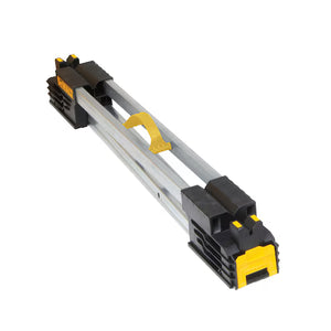 The DEWALT Metal Folding Sawhorse is a durable, collapsible work support featuring black and yellow plastic ends and a convenient yellow handle, making it portable and ideal for various projects.