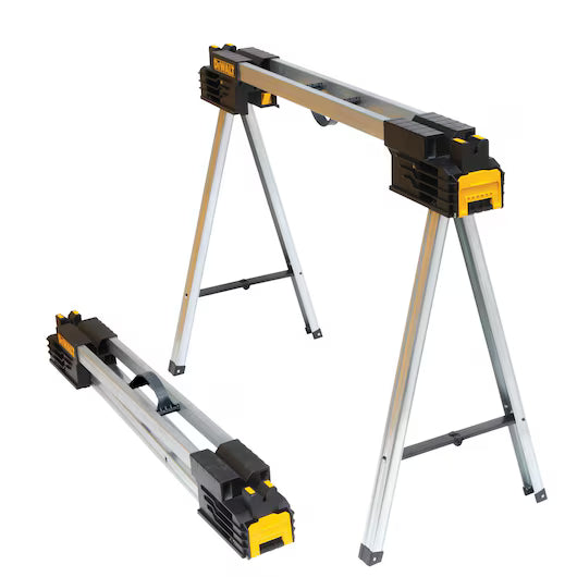 Two durable DEWALT Metal Folding Sawhorses with black and yellow accents; one is fully opened and standing, while the other is collapsed and lying flat for easy storage or transport.