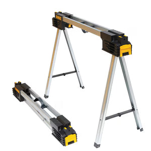 Two durable DEWALT Metal Folding Sawhorses with black and yellow accents; one is fully opened and standing, while the other is collapsed and lying flat for easy storage or transport.