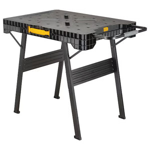 The Dewalt Folding Workbench by TurkstraLumberLtd features a sturdy black plastic tabletop, durable metal legs, and a yellow side handle, making it a portable solution for various DIY or workshop tasks.