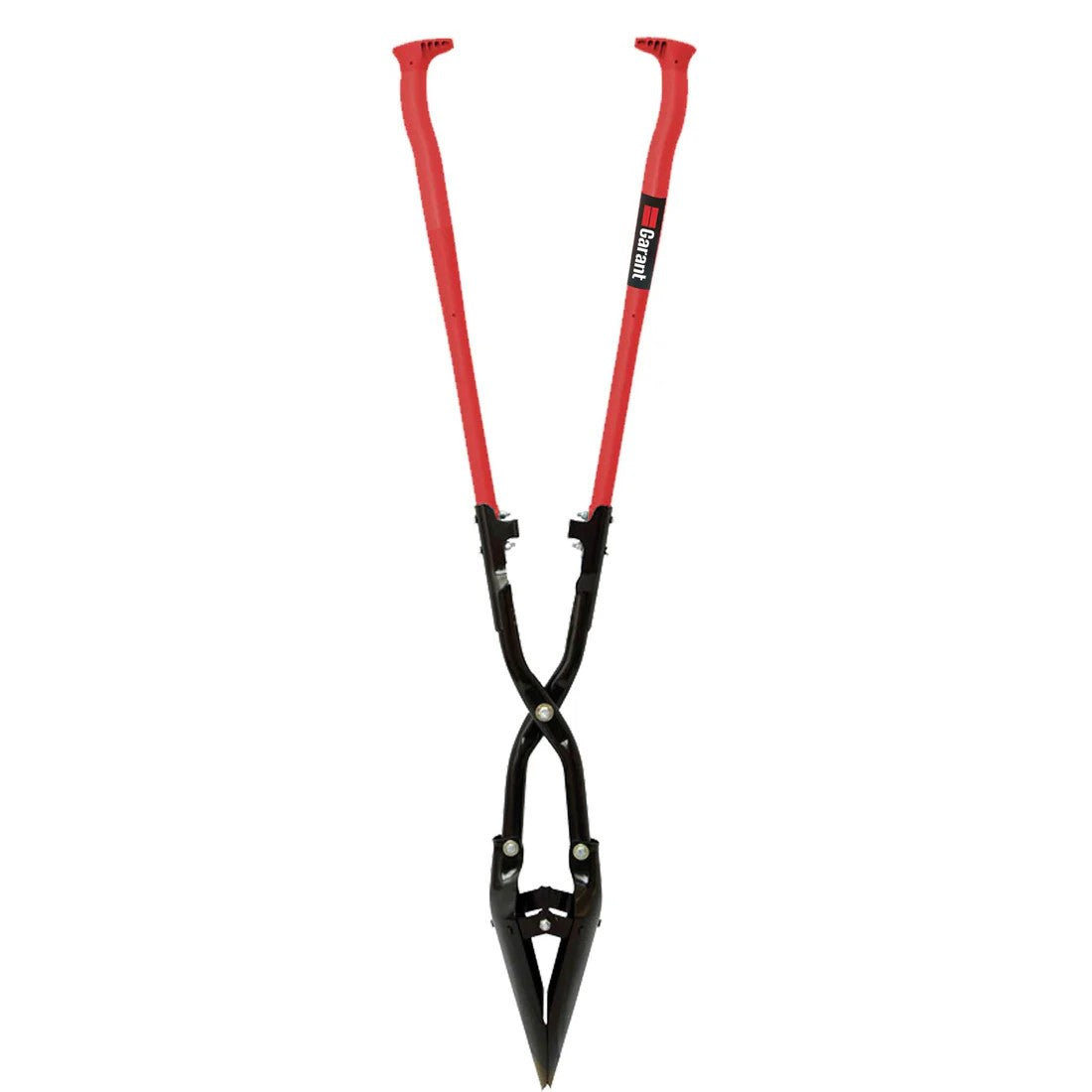 Black and red post hole digging tool on a white background